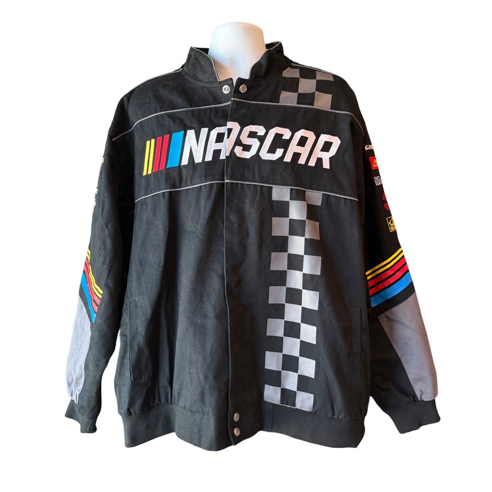 JH Design NASCAR‎ Jacket Racing Checkered Full Snap Front Mens Black Size 2XL